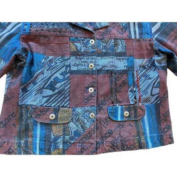 Chico's Size 1 M Lightweight Denim Jacket Comic Strip Sequin Beaded Embellished - Picture 3 of 8